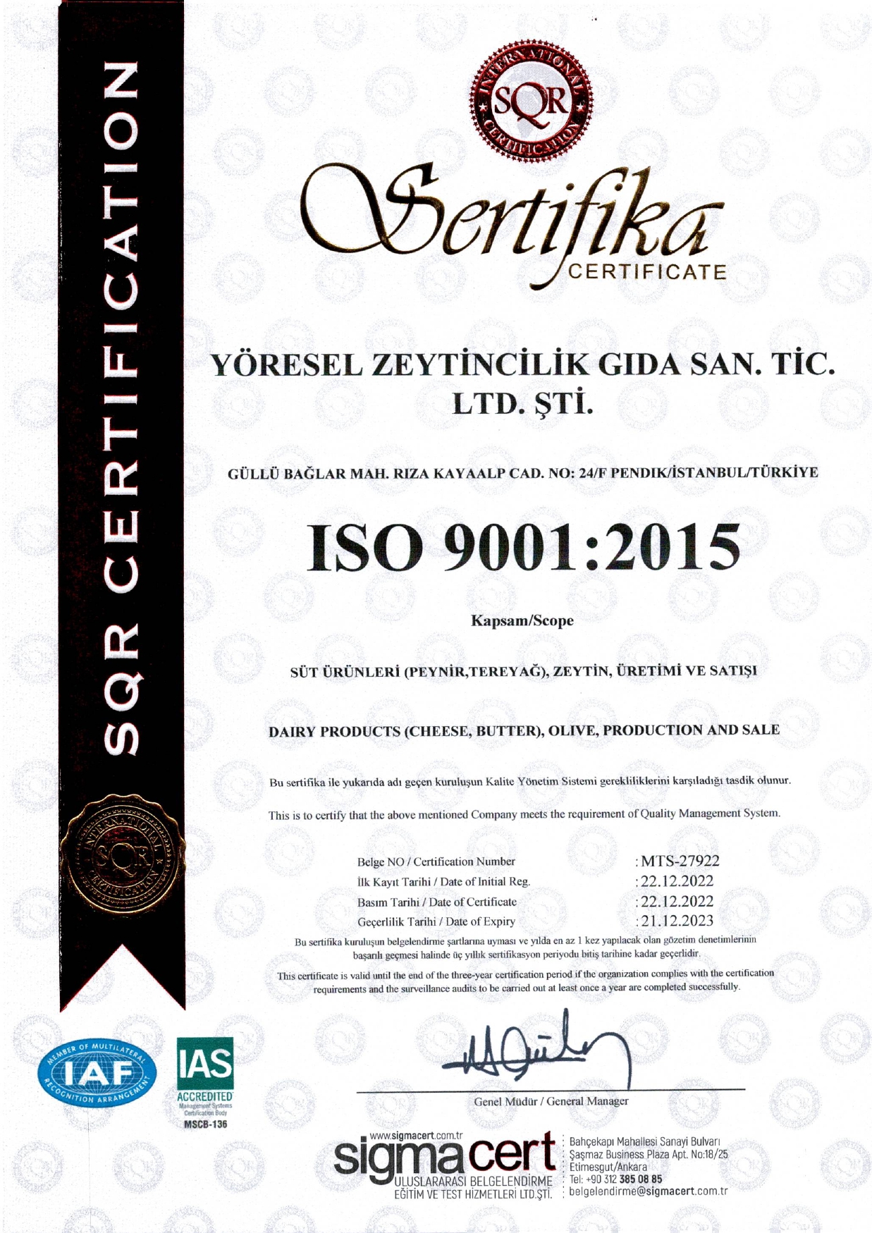 ISO 9001:2015 Kalite Sertifikası